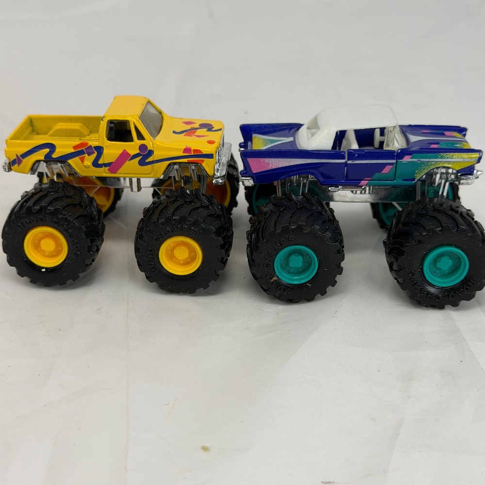Vintage 1987 Road Champs Diecast Monster Trucks Yellow Pickup & Purple Car Set